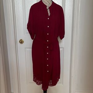 Roae Gal Deep Red Midi Shirt Dress with Mock Neck